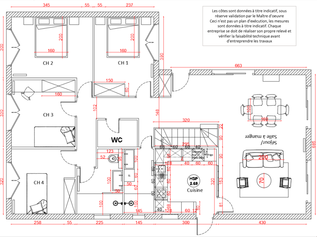 Plan de projet de rénovation avec modifications en rouge