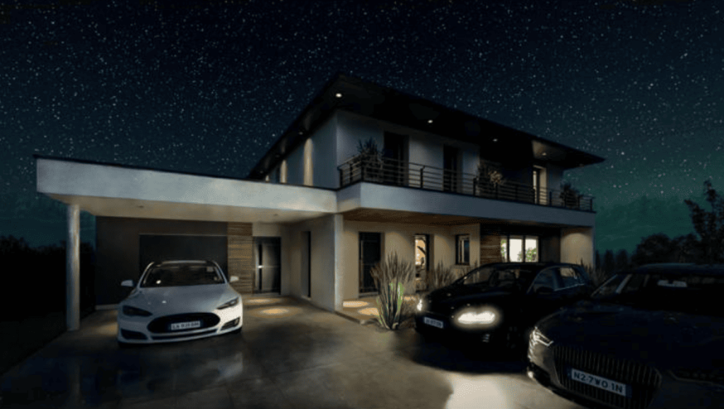 Rendu 3D de nuit d’une maison contemporaine