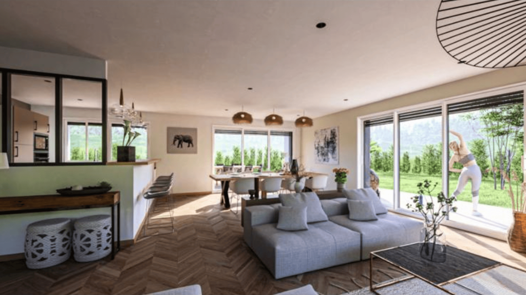 Rendu 3D d’un intérieur de maison contemporaine