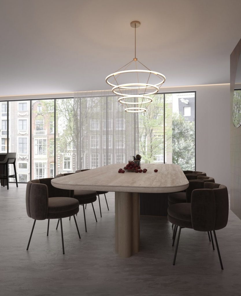 Rendu 3D d’une salle à manger avec suspension design