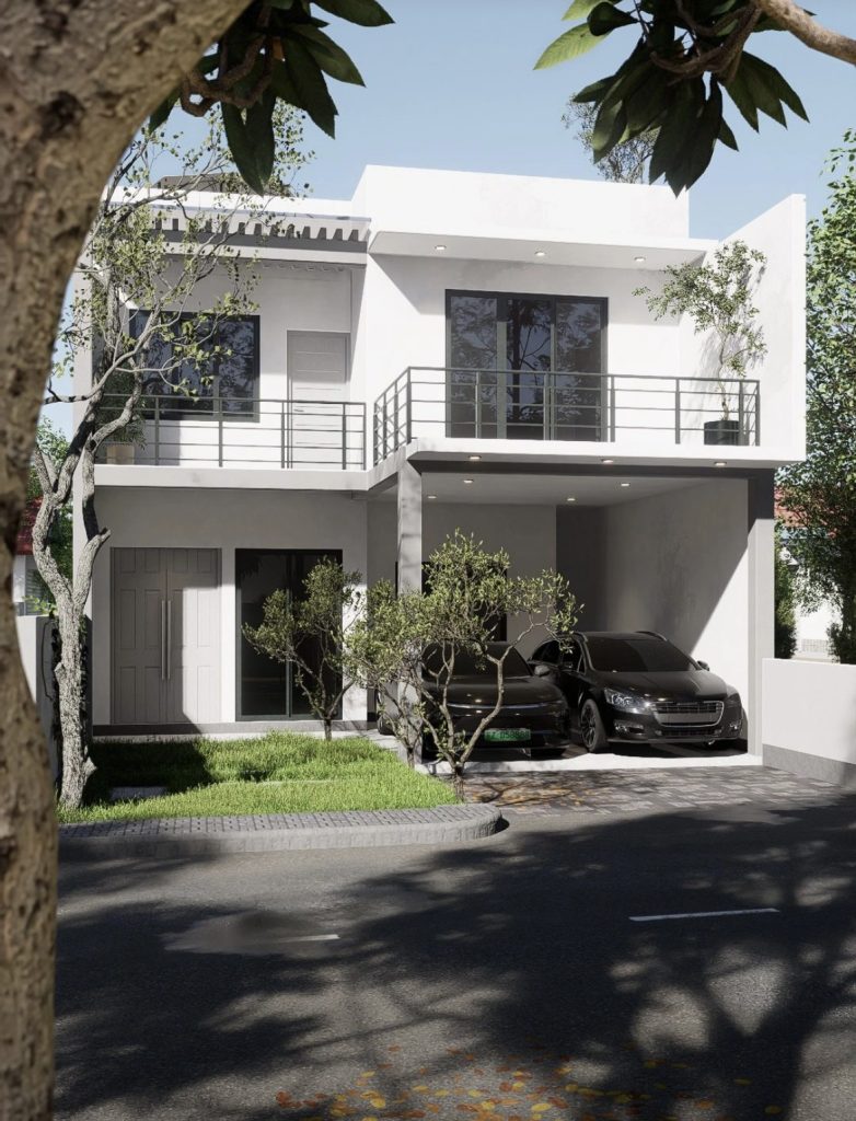 Rendu 3D d’une villa avec balcon et terrasse